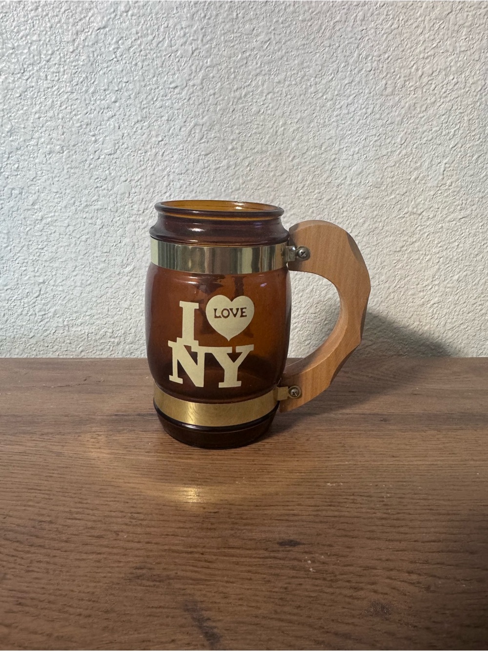 Amber Glass "I ♥ NY" Mug with Wood Handle